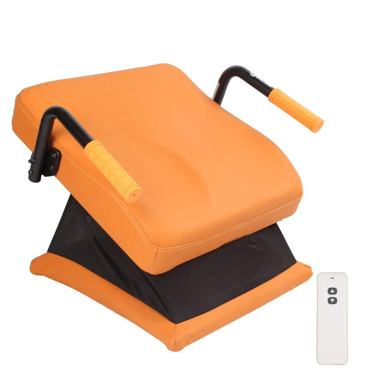 WHLICKS orange electric chair lift assist cushion with wireless remote and dual side handgrips on a white background.