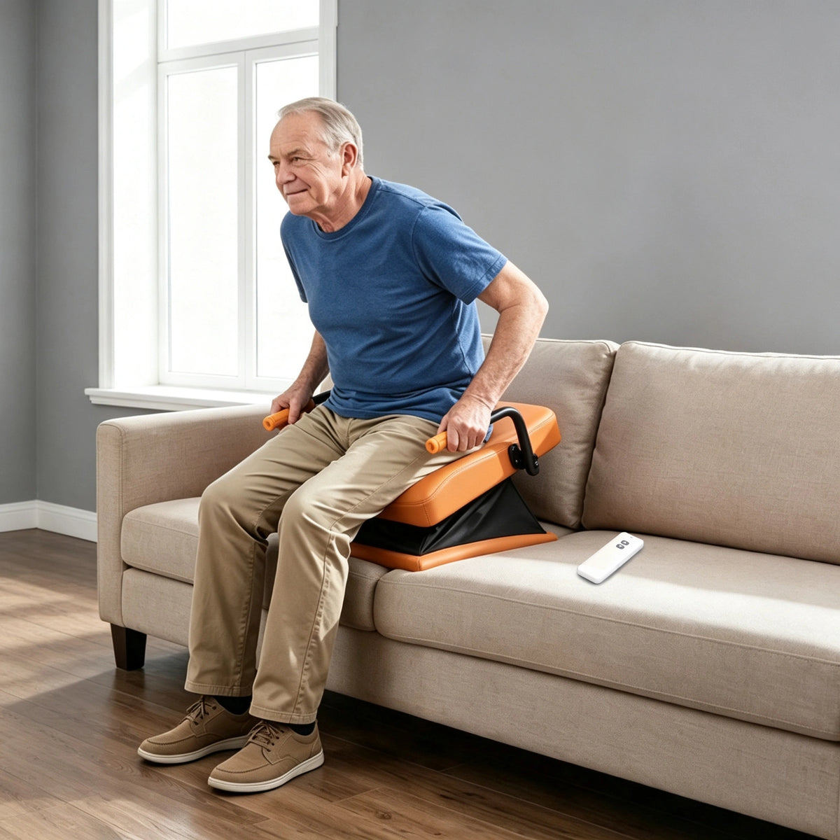 Adult man using a WHLICKS orange electric chair lift assist cushion on a sofa during a sit-to-stand transition at home.