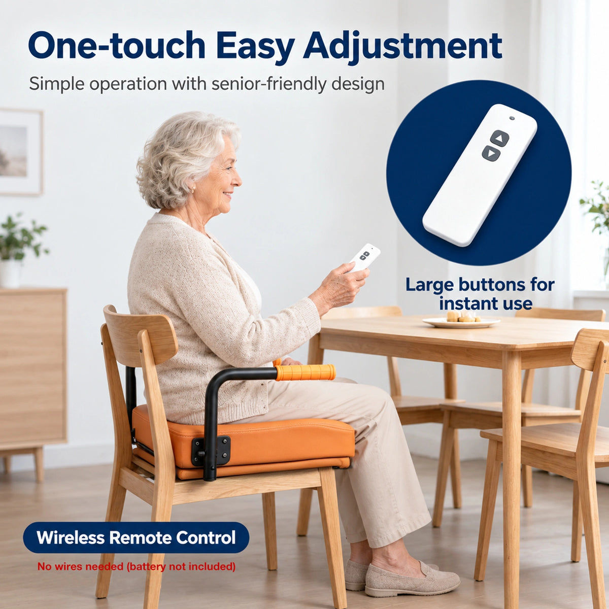 WHLICKS orange electric chair lift assist cushion with wireless remote control and clearly marked up and down buttons.
