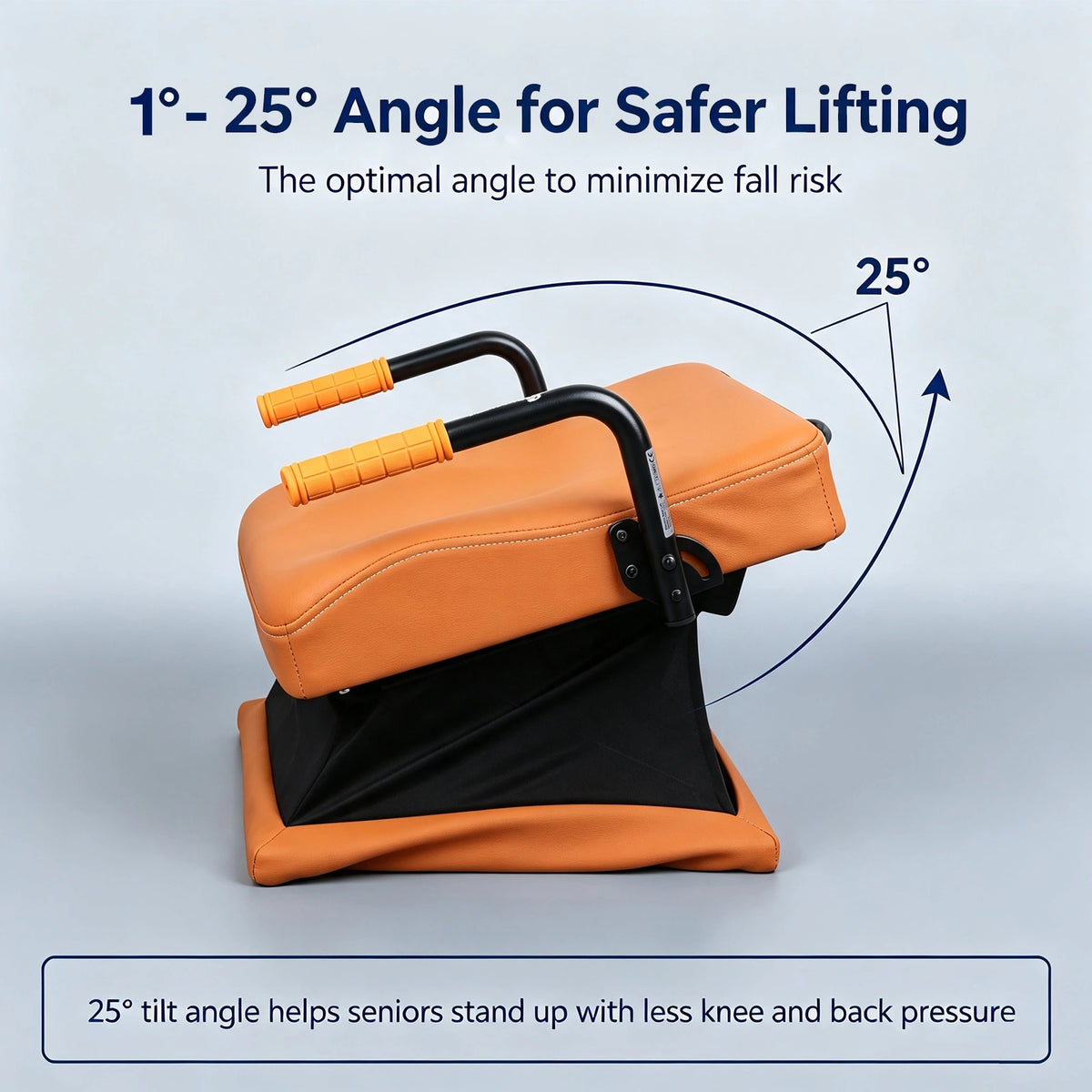 WHLICKS orange electric seat lift cushion illustrated at a lifting angle of up to 25 degrees for sit-to-stand assistance.