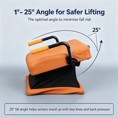 WHLICKS orange electric seat lift cushion illustrated at a lifting angle of up to 25 degrees for sit-to-stand assistance.