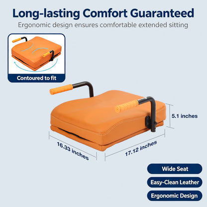 WHLICKS orange electric chair lift cushion with a contoured seat, leather-like upholstery, and 16.33 by 17.12 inch dimensions.