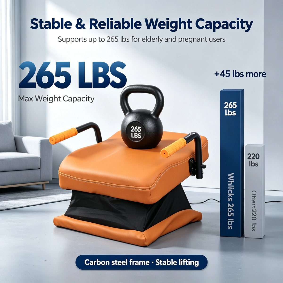WHLICKS orange electric chair lift assist with carbon steel support frame, dual side handgrips, and a 265 lb capacity label.