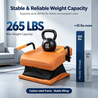 WHLICKS orange electric chair lift assist with carbon steel support frame, dual side handgrips, and a 265 lb capacity label.