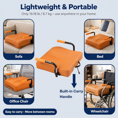WHLICKS orange electric chair lift assist with built-in carry handle shown beside a sofa, bed, and compatible chair.