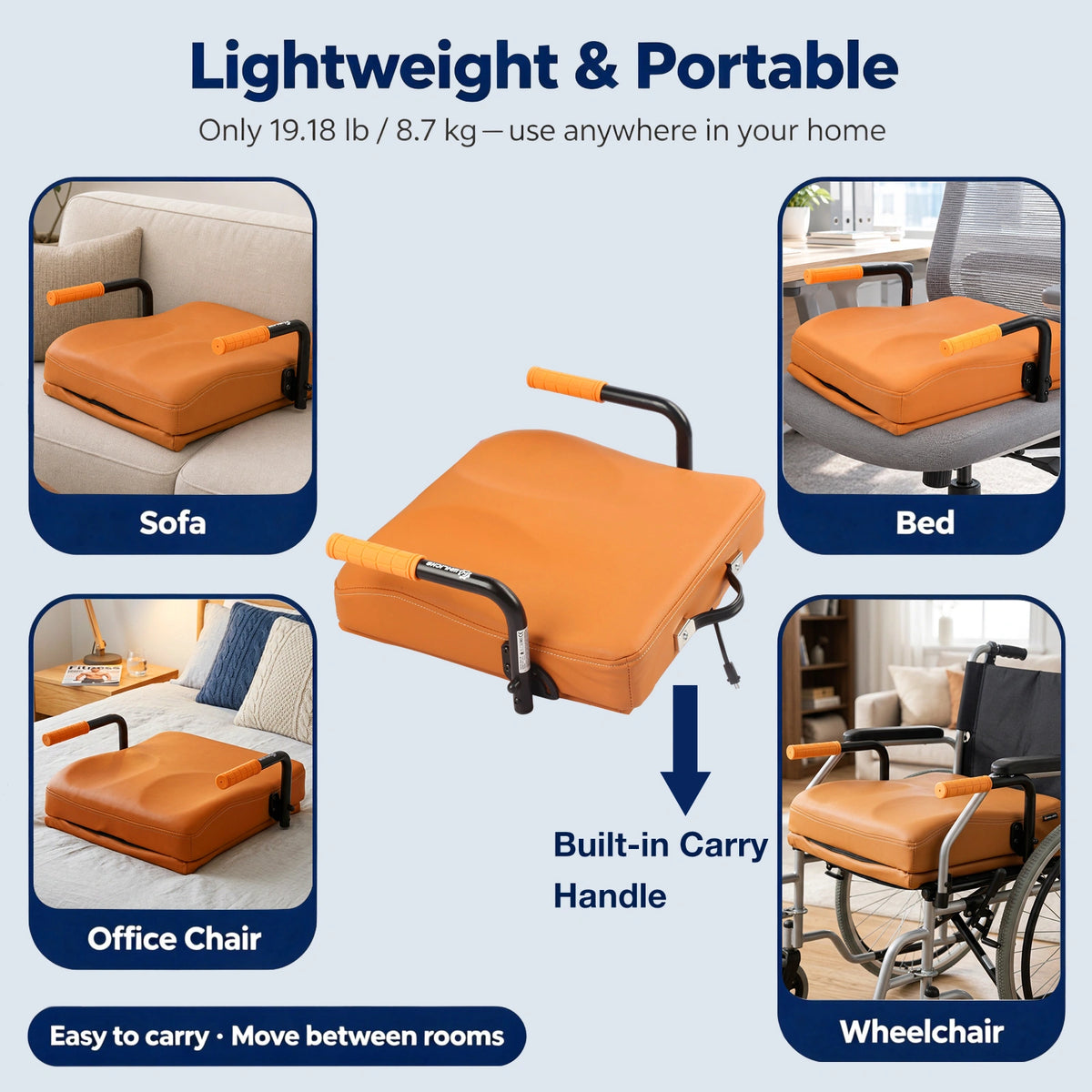 WHLICKS orange electric chair lift assist with built-in carry handle shown beside a sofa, bed, and compatible chair.
