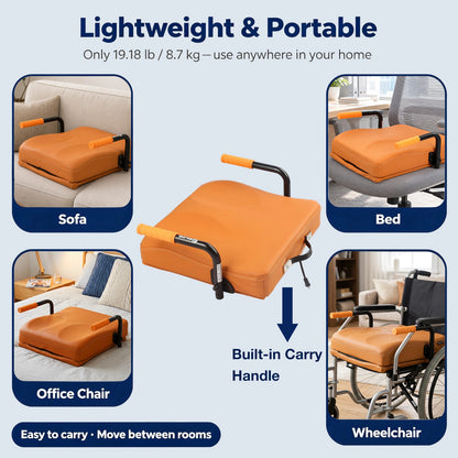 WHLICKS orange electric chair lift assist with built-in carry handle shown beside a sofa, bed, and compatible chair.