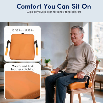 Close-up of the WHLICKS orange electric chair lift cushion showing its contoured seat and smooth leather-like upholstery.