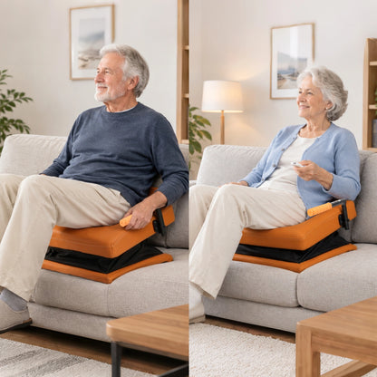 WHLICKS orange electric chair lift assist cushion shown in a sit-to-stand sequence with the seat tilted upward.