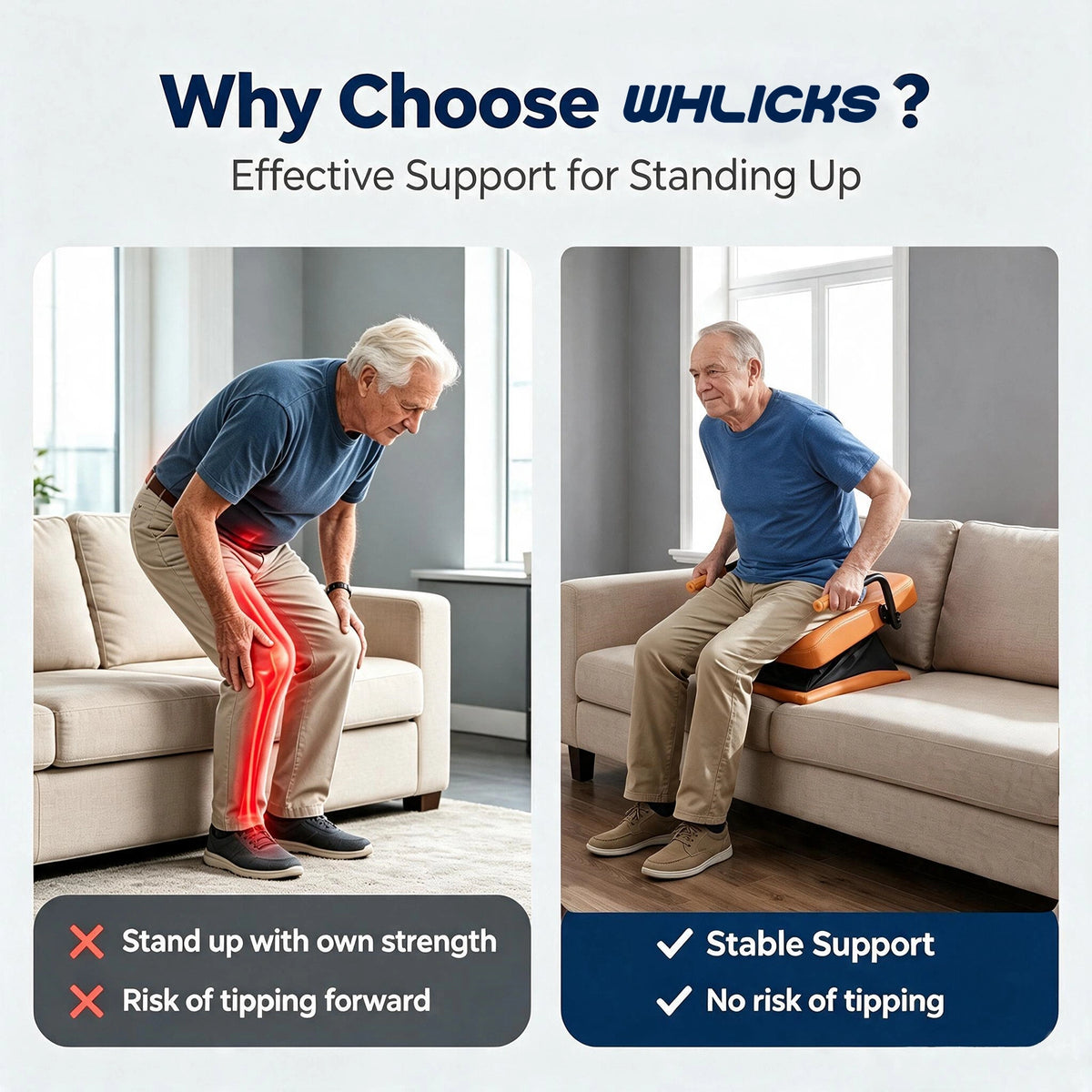 Couple seated on a sofa with WHLICKS orange electric chair lift assist cushions placed beneath them in a home setting.