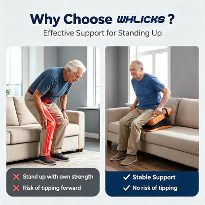 Couple seated on a sofa with WHLICKS orange electric chair lift assist cushions placed beneath them in a home setting.