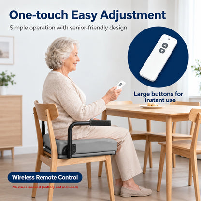 WHLICKS gray electric chair lift assist cushion with wireless remote control and clearly marked up and down buttons.