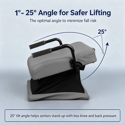 WHLICKS gray electric seat lift cushion illustrated at a lifting angle of up to 25 degrees for sit-to-stand assistance.