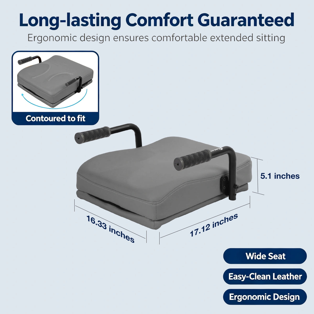 WHLICKS gray electric chair lift cushion with a contoured seat, leather-like upholstery, and 16.33 by 17.12 inch dimensions.
