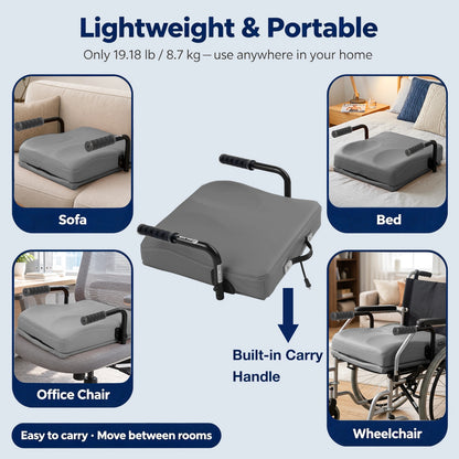 WHLICKS gray electric chair lift assist with built-in carry handle shown beside a sofa, bed, and compatible chair.
