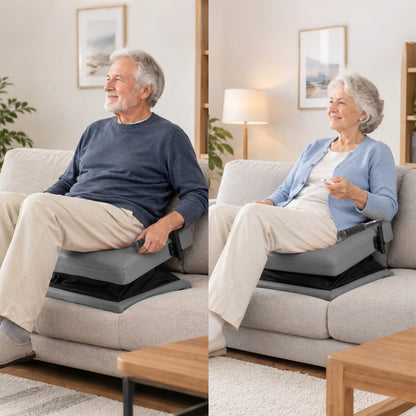 WHLICKS gray electric chair lift assist cushion shown in a sit-to-stand sequence with the seat tilted upward.