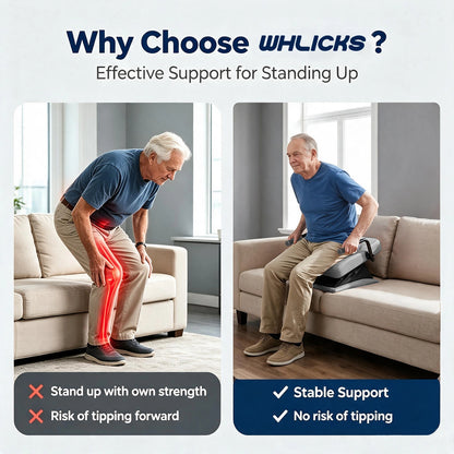 Couple seated on a sofa with WHLICKS gray electric chair lift assist cushions placed beneath them in a home setting.