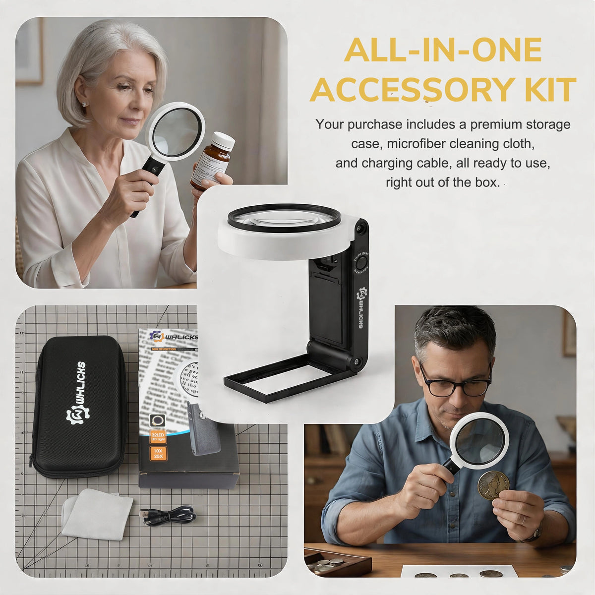 10X/25X Magnifying Glass with Light & Foldable Stand, 32 LEDs