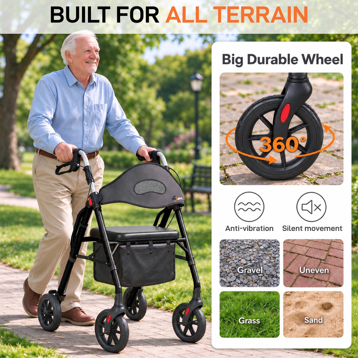 Adjustable Rollator Walker with Padded Seat & Backrest, 350 lb Capacity