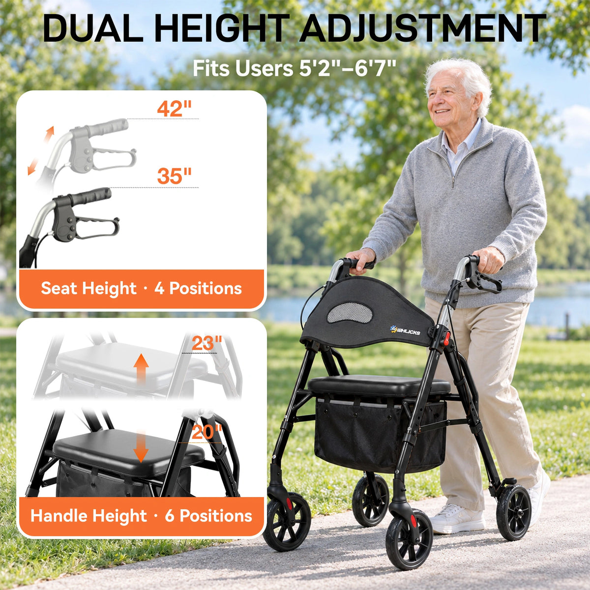 Adjustable Rollator Walker with Padded Seat & Backrest, 350 lb Capacity
