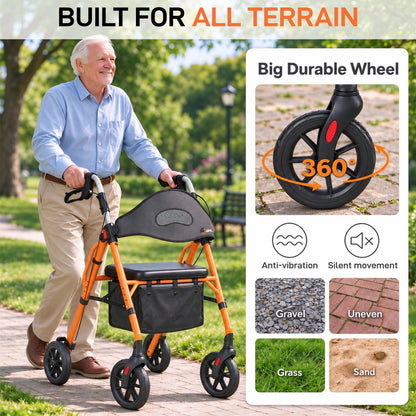 Foldable Rollator Walker with Seat, 8" Wheels & 350 lb Capacity
