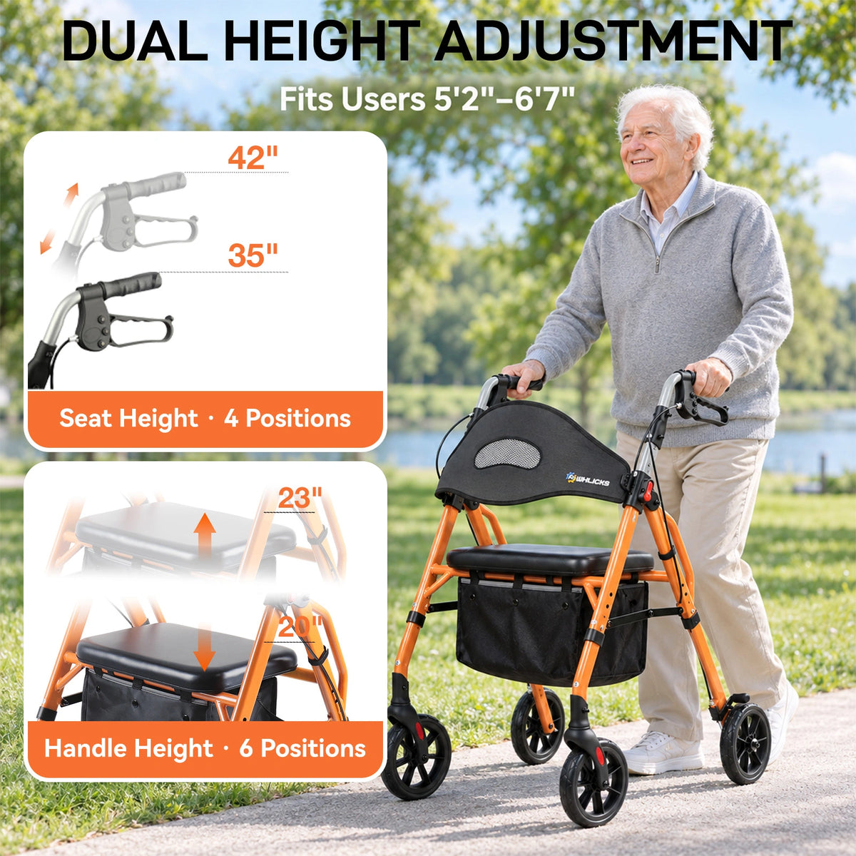 Foldable Rollator Walker with Seat, 8" Wheels & 350 lb Capacity