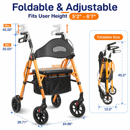 Foldable Rollator Walker with Seat, 8" Wheels & 350 lb Capacity