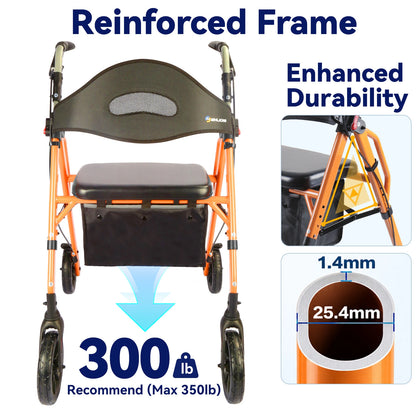 Foldable Rollator Walker with Seat, 8" Wheels & 350 lb Capacity