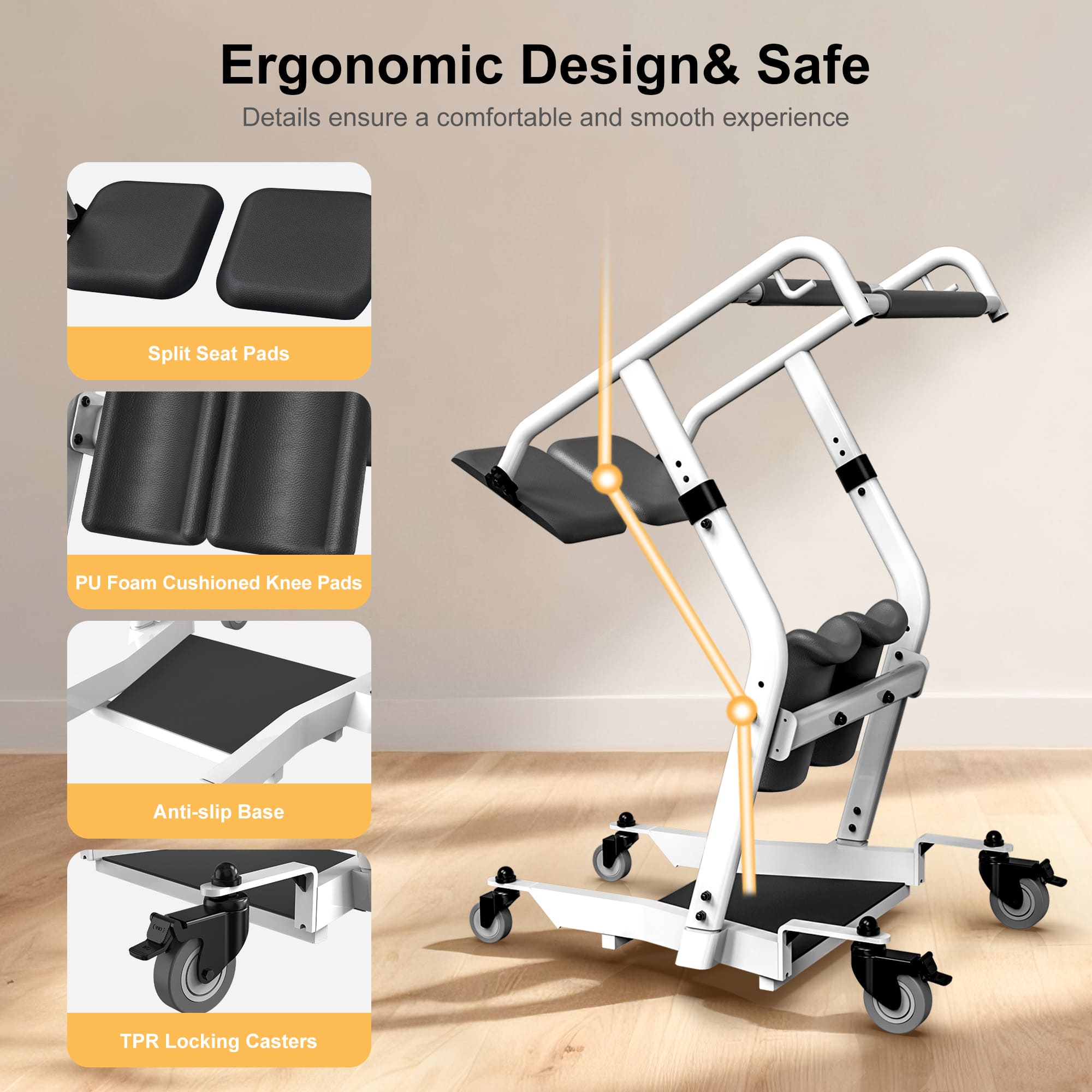 Ergonomic design and safety features of a mobility aid with split seat pads, foam cushioned knee pads, anti-slip base, and TPR locking casters.
