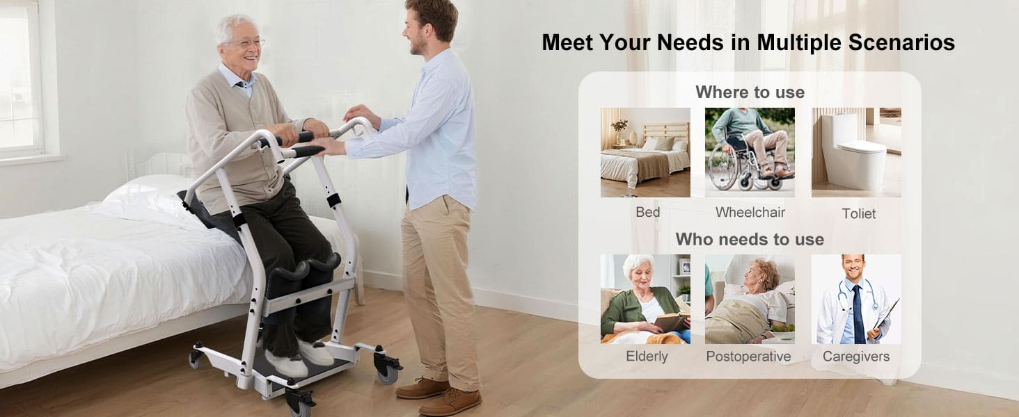 Person using a Stand Up lift with a bed in the background, indicating its use in multiple scenarios.