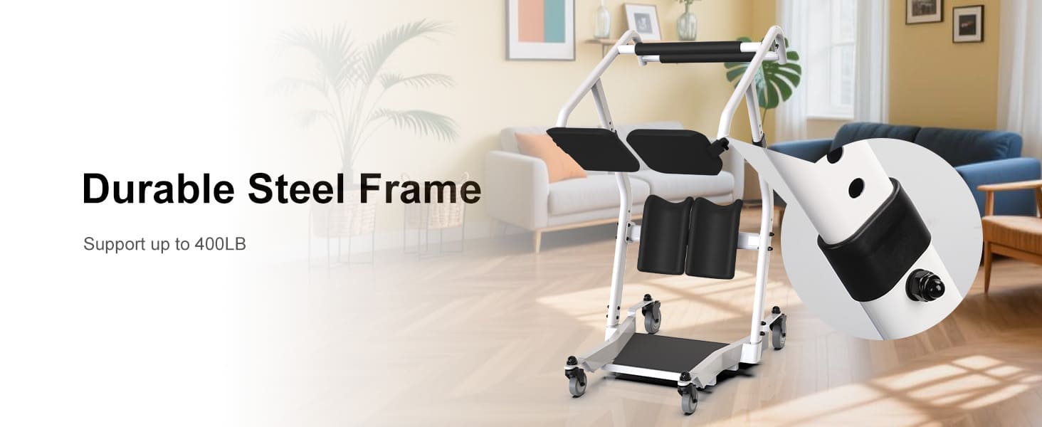 Home exercise equipment with durable steel frame feature text in a living room setting.