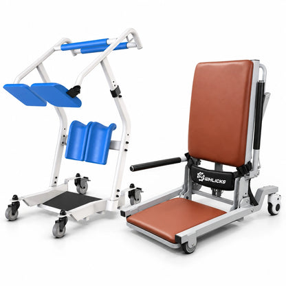WHLICKS bundle with a blue standard-base standing transfer aid and a brown electric floor lift chair