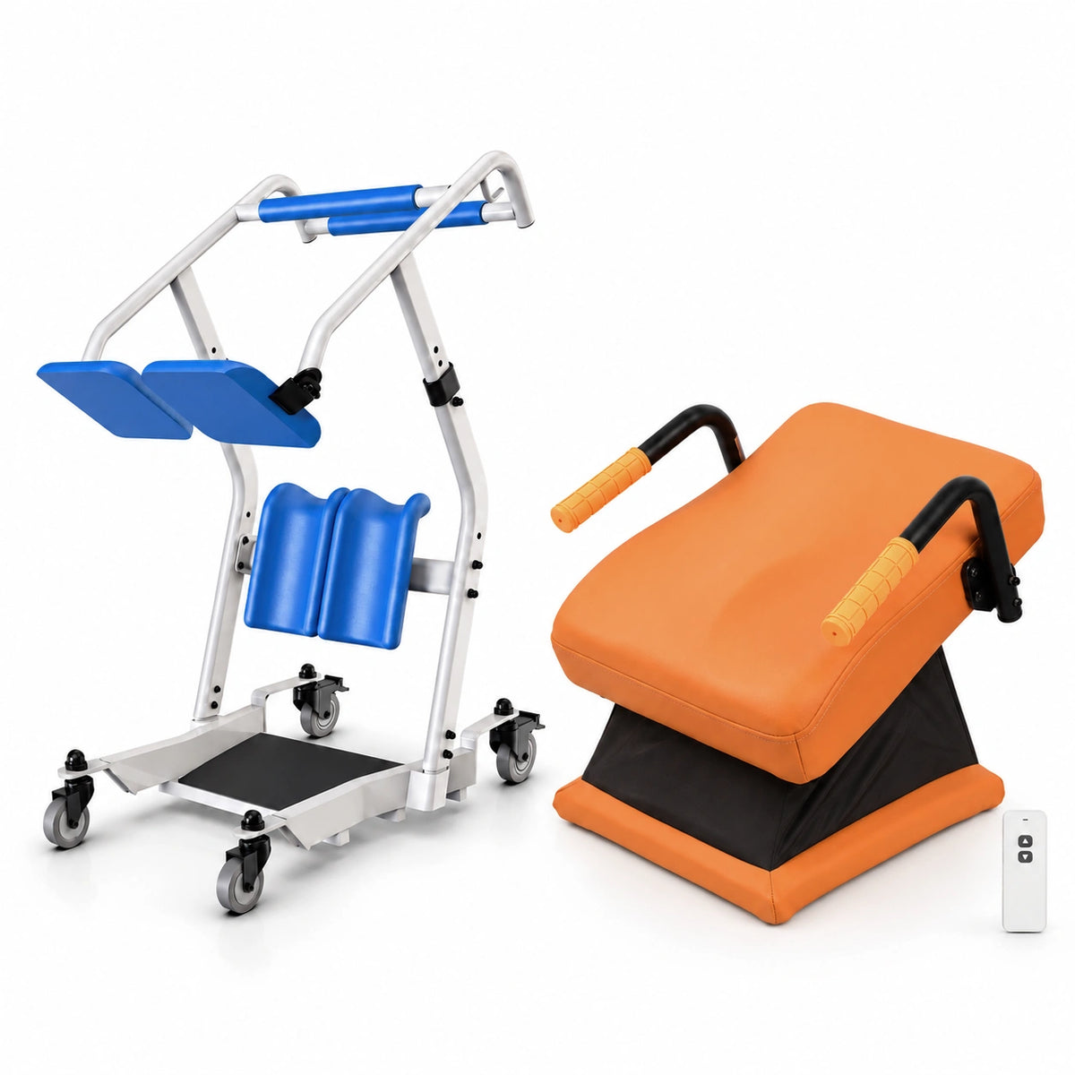 WHLICKS lift bundle with a blue SAL01 standard-base sit-to-stand aid and a brown LC01 electric floor lift chair