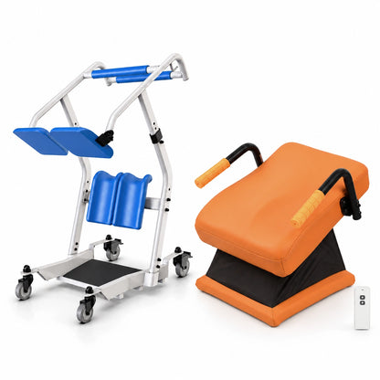 WHLICKS lift bundle with a blue SAL01 standard-base sit-to-stand aid and a brown LC01 electric floor lift chair