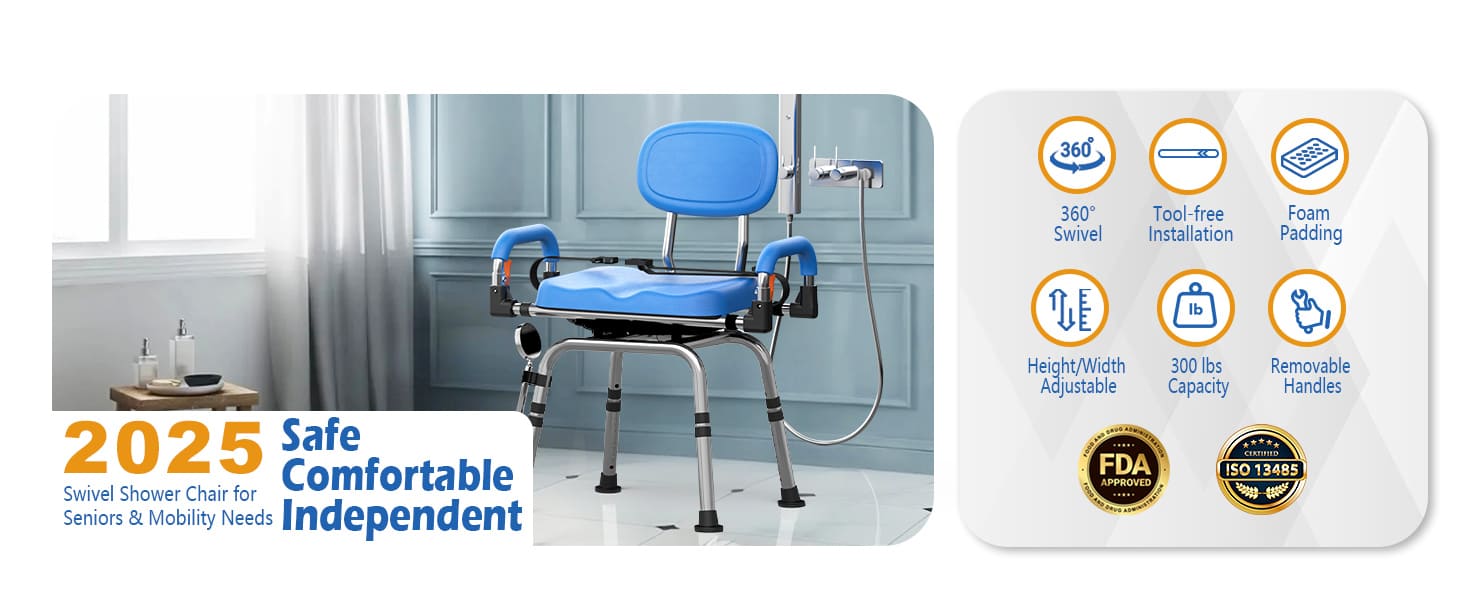 Whlicks 2025 swivel shower chair is for seniors and mobility needs