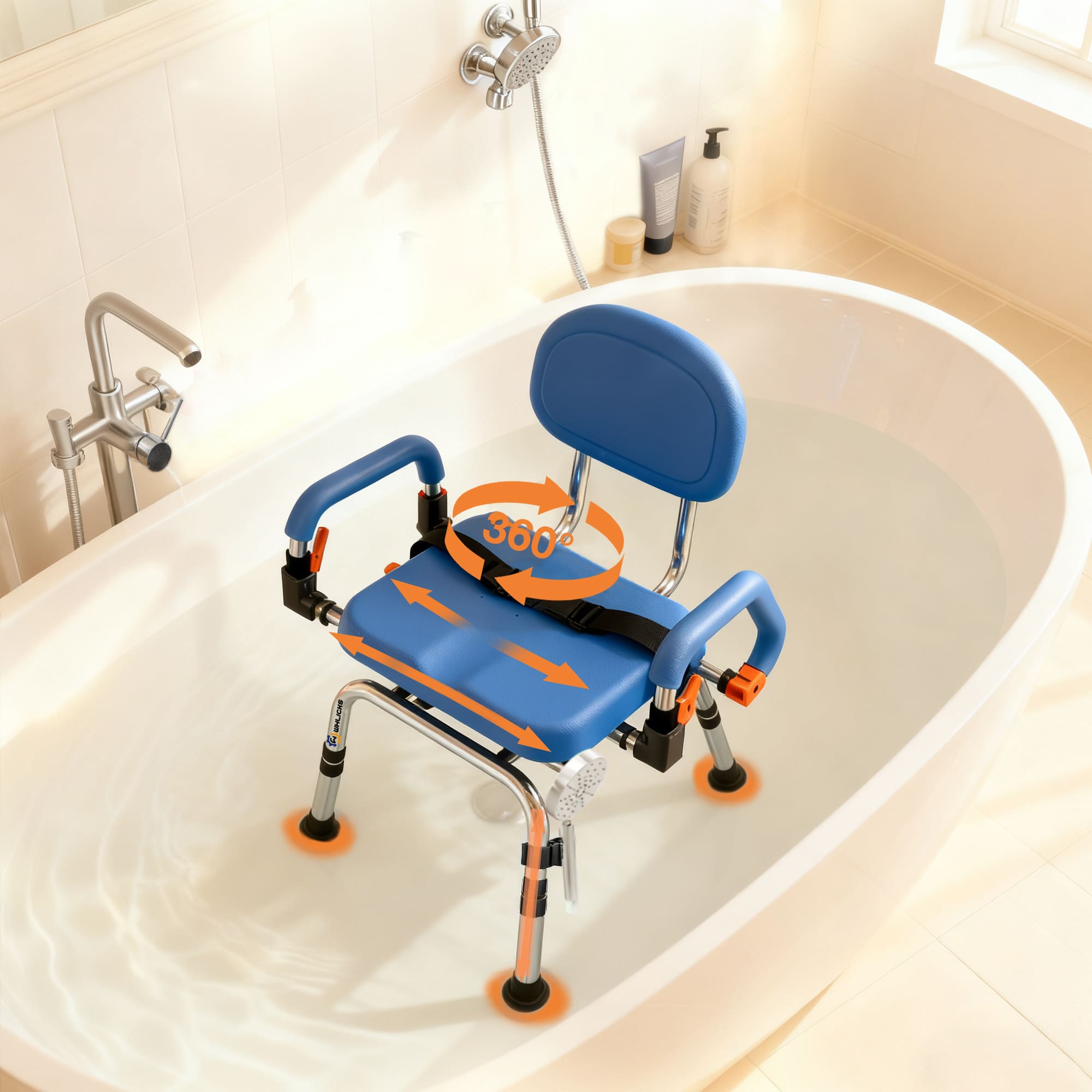 4-in-1 Adjustable 360° Swivel Shower Chair, 300lb Bariatric for Elderly & Disabled