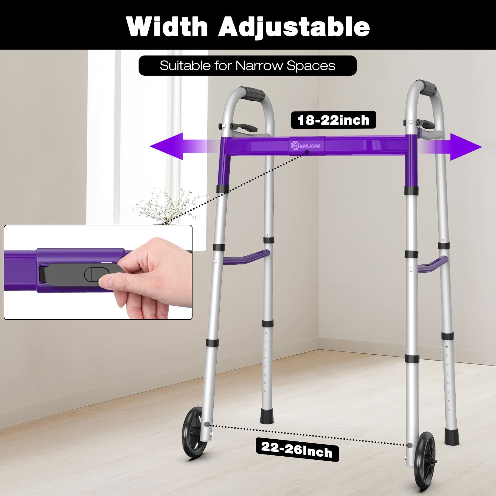 Narrow Folding Walker with Wheels – Lightweight Adjustable Aluminum Walker for Seniors & Disabled