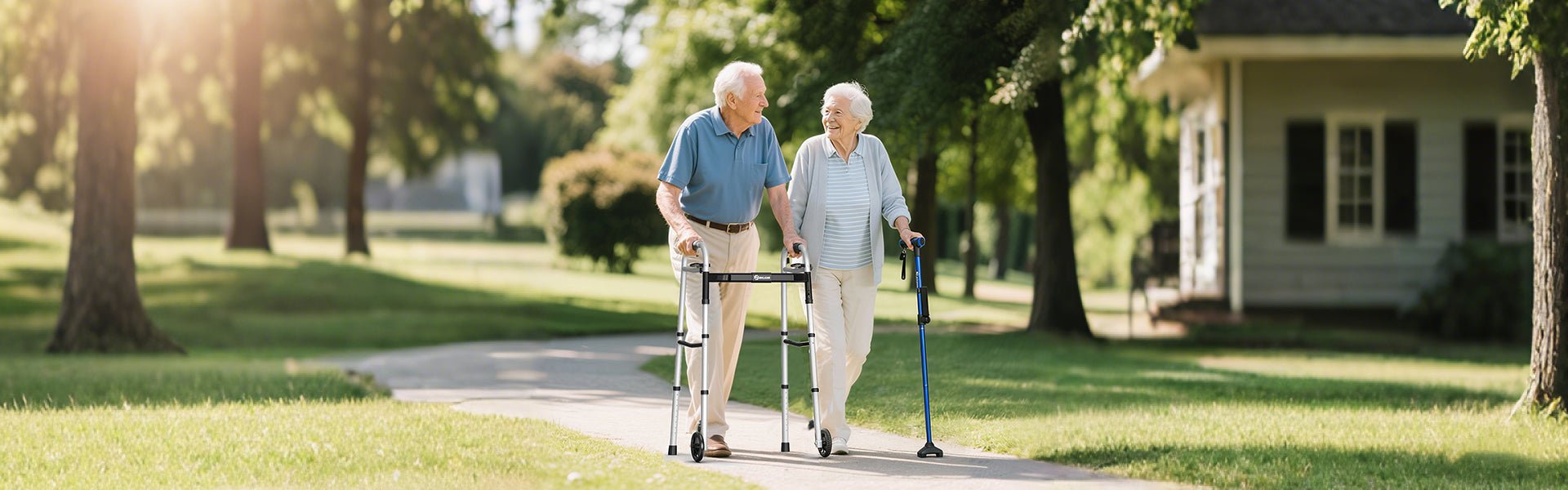 two elderly walking with a rollator and a cane