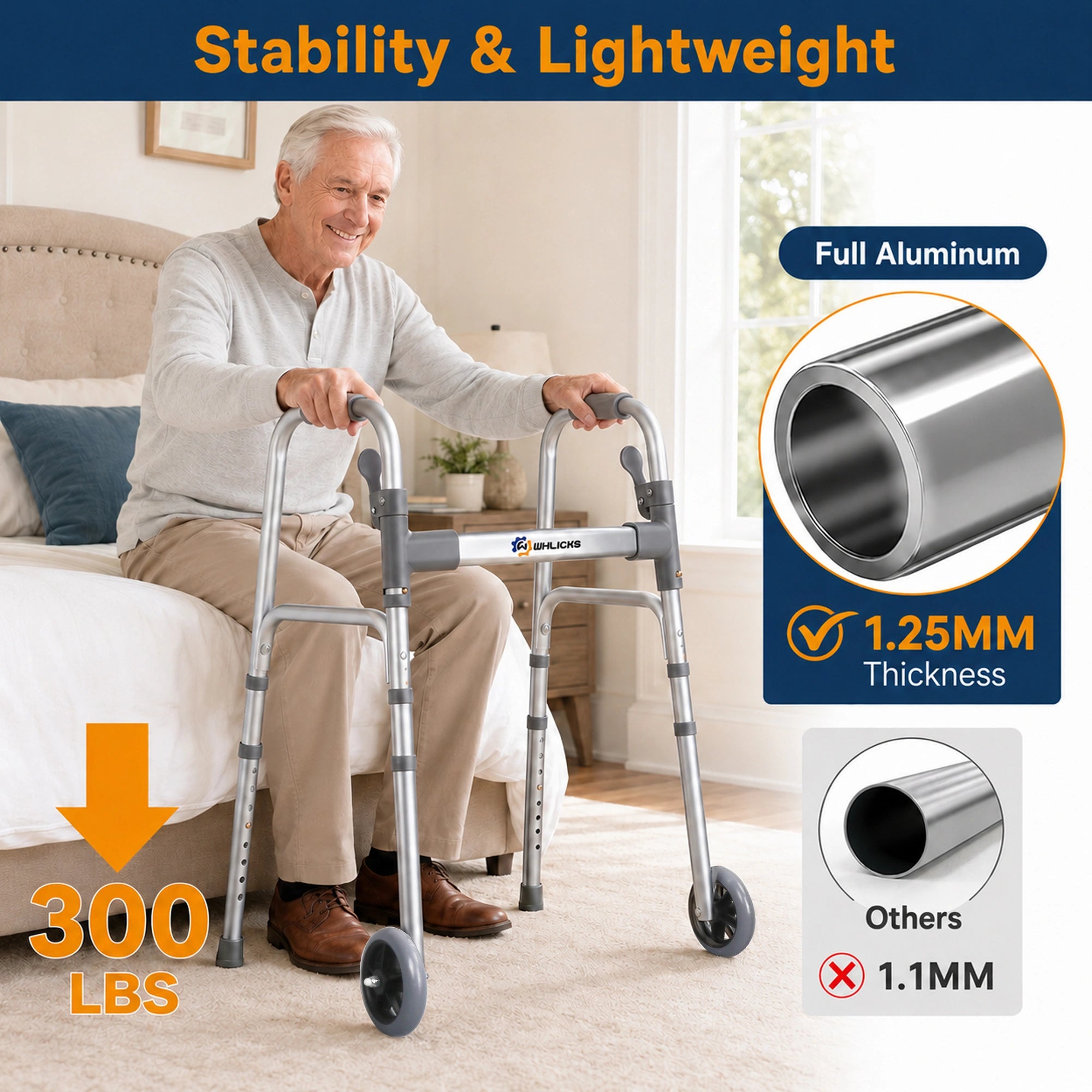 Lightweight Folding Walker for Seniors with Wheels & Adjustable Height