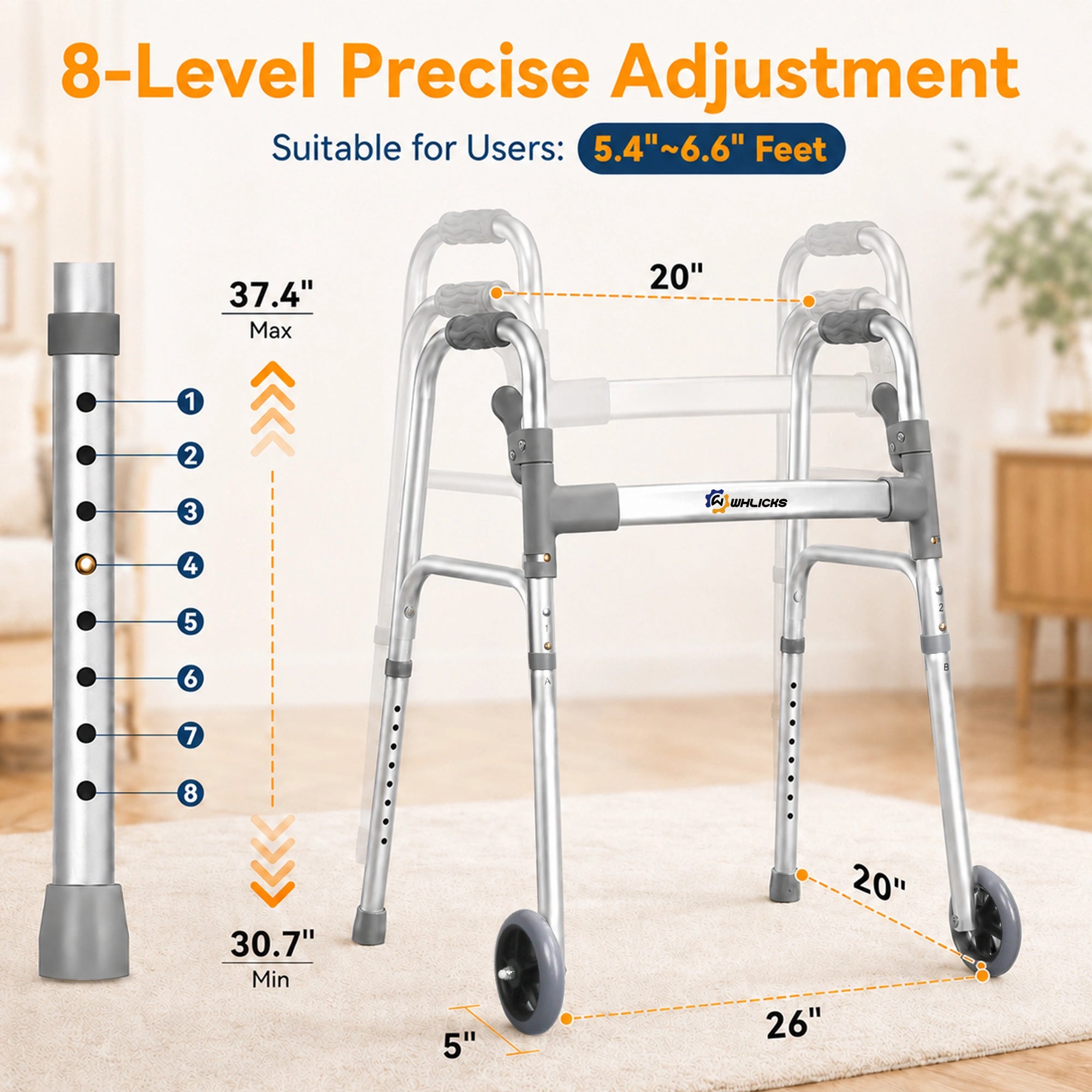 Lightweight Folding Walker for Seniors with Wheels & Adjustable Height