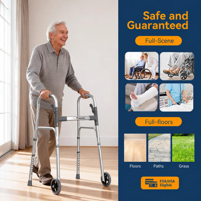 Lightweight Folding Walker for Seniors with Wheels & Adjustable Height