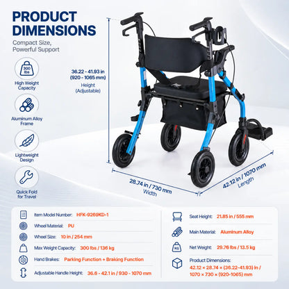 Lightweight 2-in-1 Rollator Walker & Transport Chair
