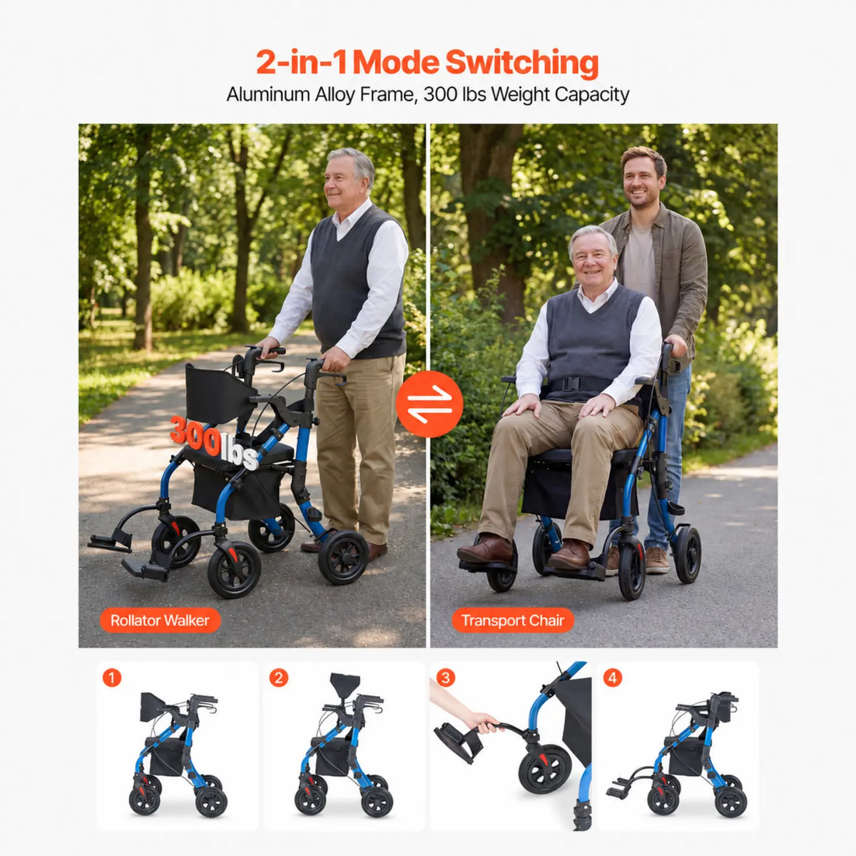 Lightweight 2-in-1 Rollator Walker & Transport Chair