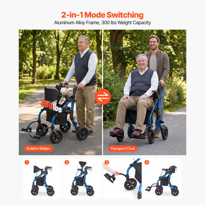 Lightweight 2-in-1 Rollator Walker & Transport Chair