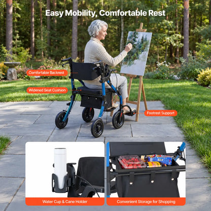 Lightweight 2-in-1 Rollator Walker & Transport Chair