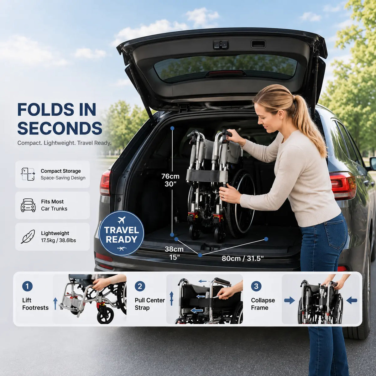 3-in-1 Self-Propelled Shower Commode Wheelchair