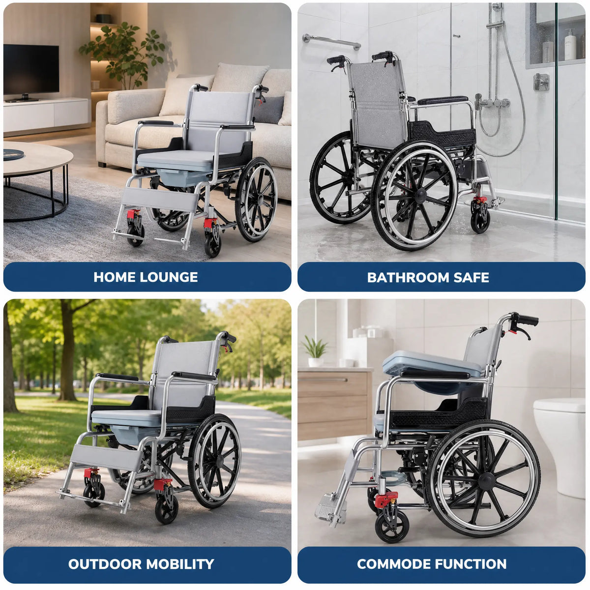 3-in-1 Self-Propelled Shower Commode Wheelchair