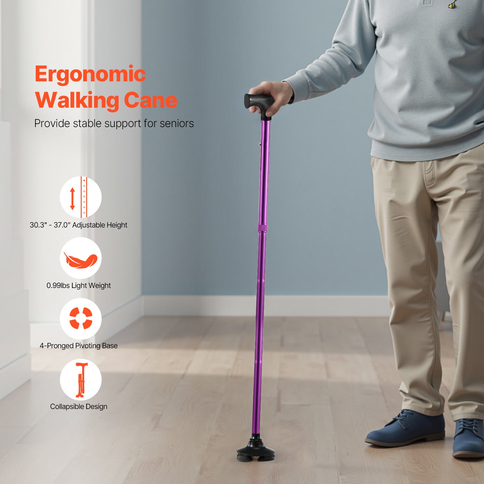Vevor Adjustable 4-Prong Walking Cane – Stable & Lightweight Mobility Aid