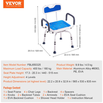 360° Swivel Shower Chair, 400lbs Adjustable Bath Seat for Seniors