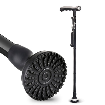 WHLICKS adjustable folding walking cane with large non-slip rubber base and durable design for everyday mobility support.
